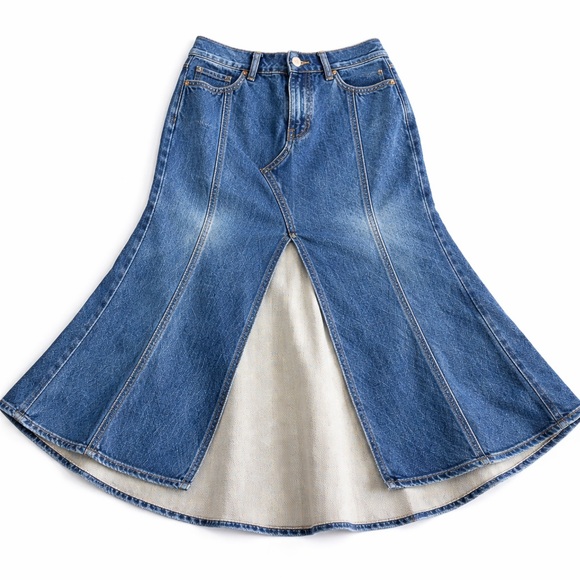 Express Dresses & Skirts - Express Conscious Edit Flared Denim Midi Skirt Panel Seam A-Line Size 4